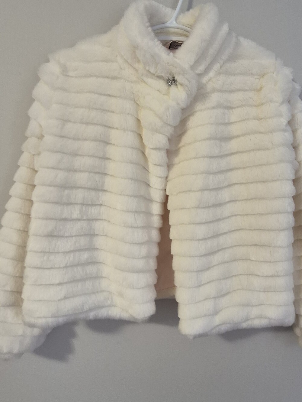 George Cream Faux Fur Ribbed Jacket with Decorative Brooch